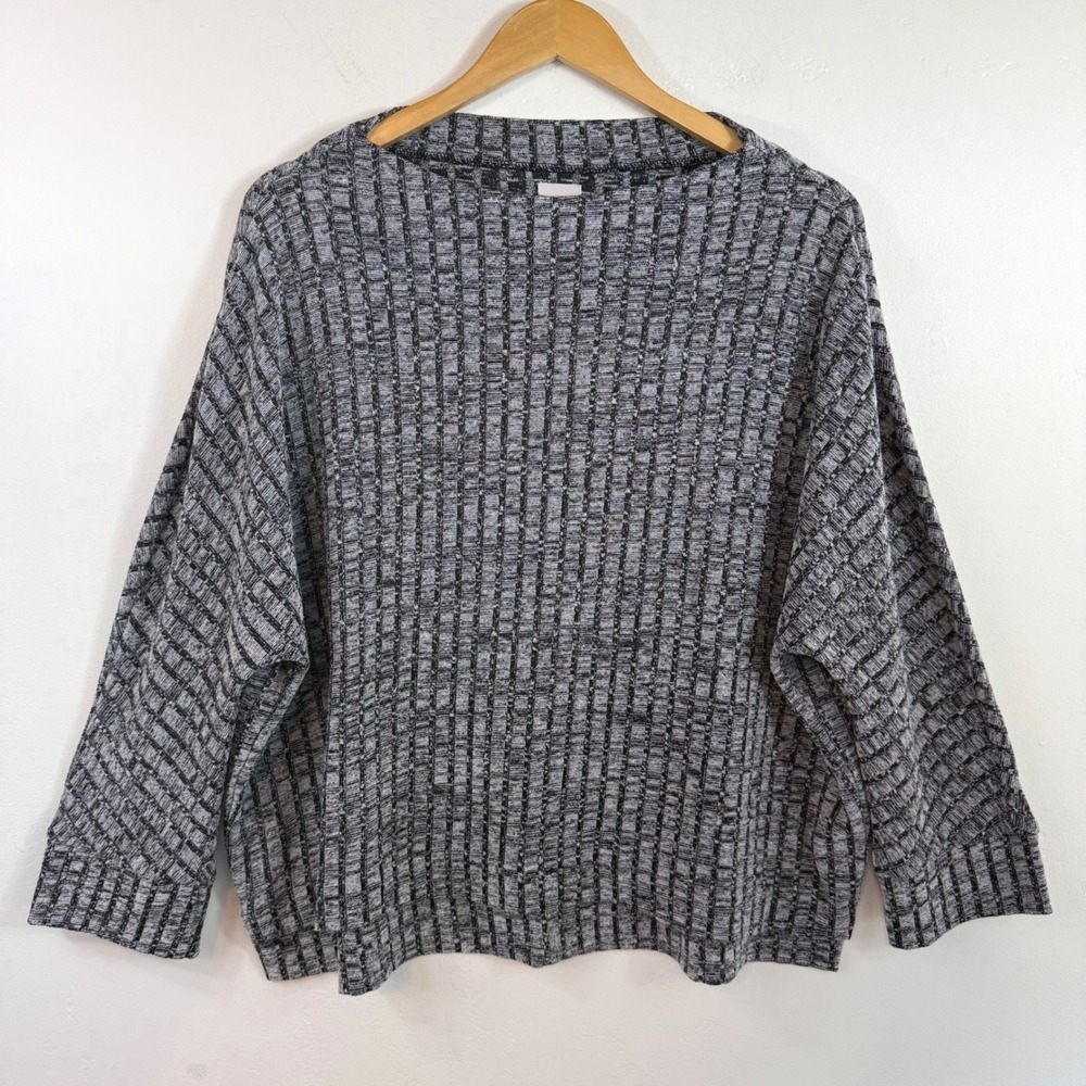 NIC+ZOE Textured Knit‎ Top Grey Black Grid Boat Neck Relaxed Office Minimal XXL